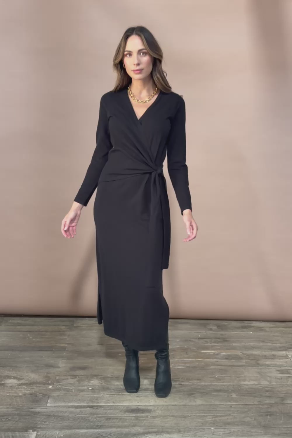 The Tie Waist Faux Wrap Knit Dress – Black