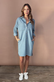 The Printed Denim Shacket Dress With Pockets - Denimstrip