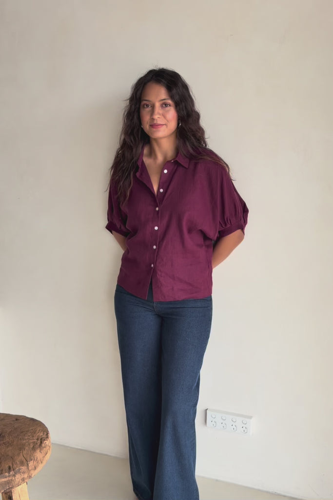 Linen Pleated Sleeve Shirt – Plum