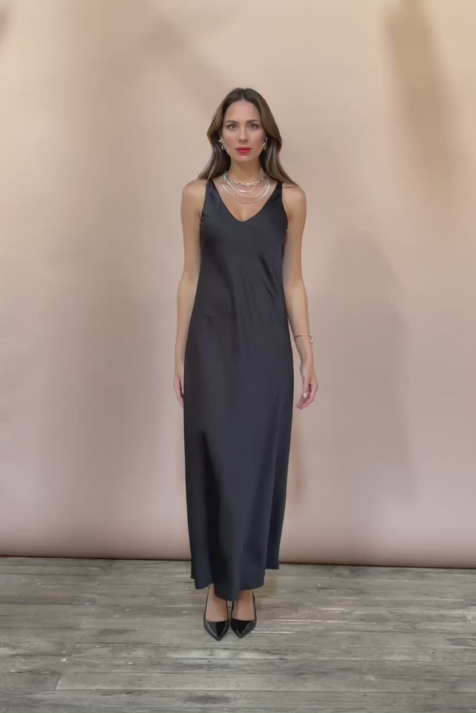 Loulou Satin Slip Dress - Black