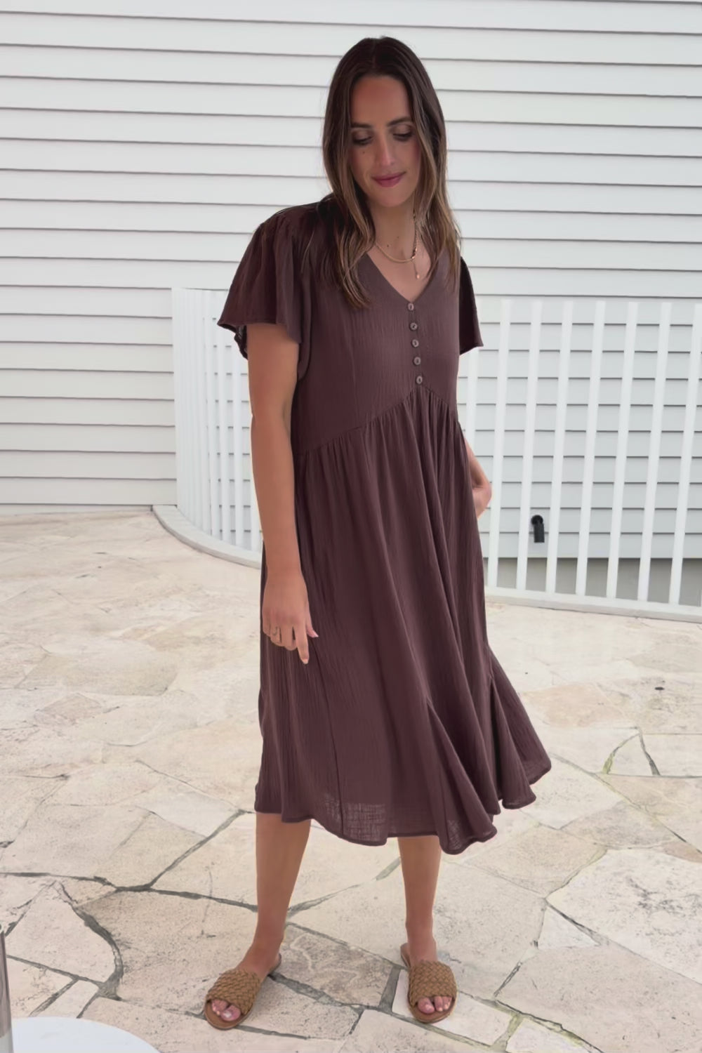 Cute As A Button Cotton Midi Dress – Chocolate