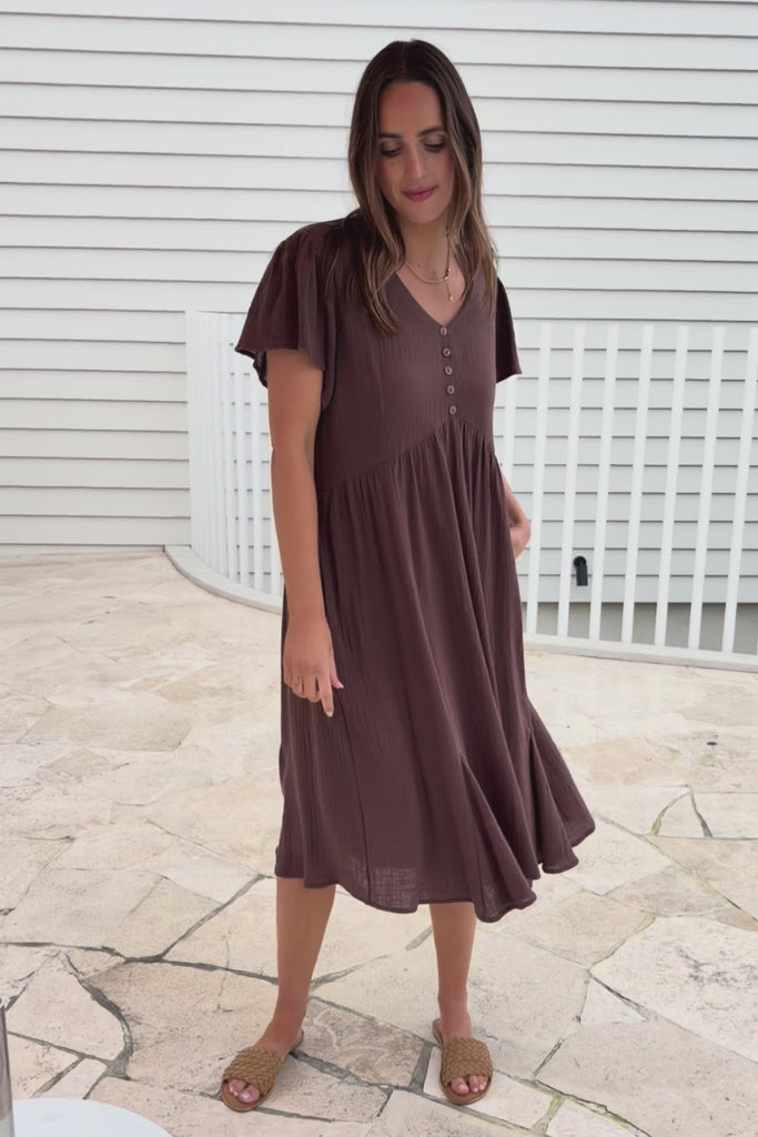 Cute As A Button Cotton Midi Dress – Chocolate