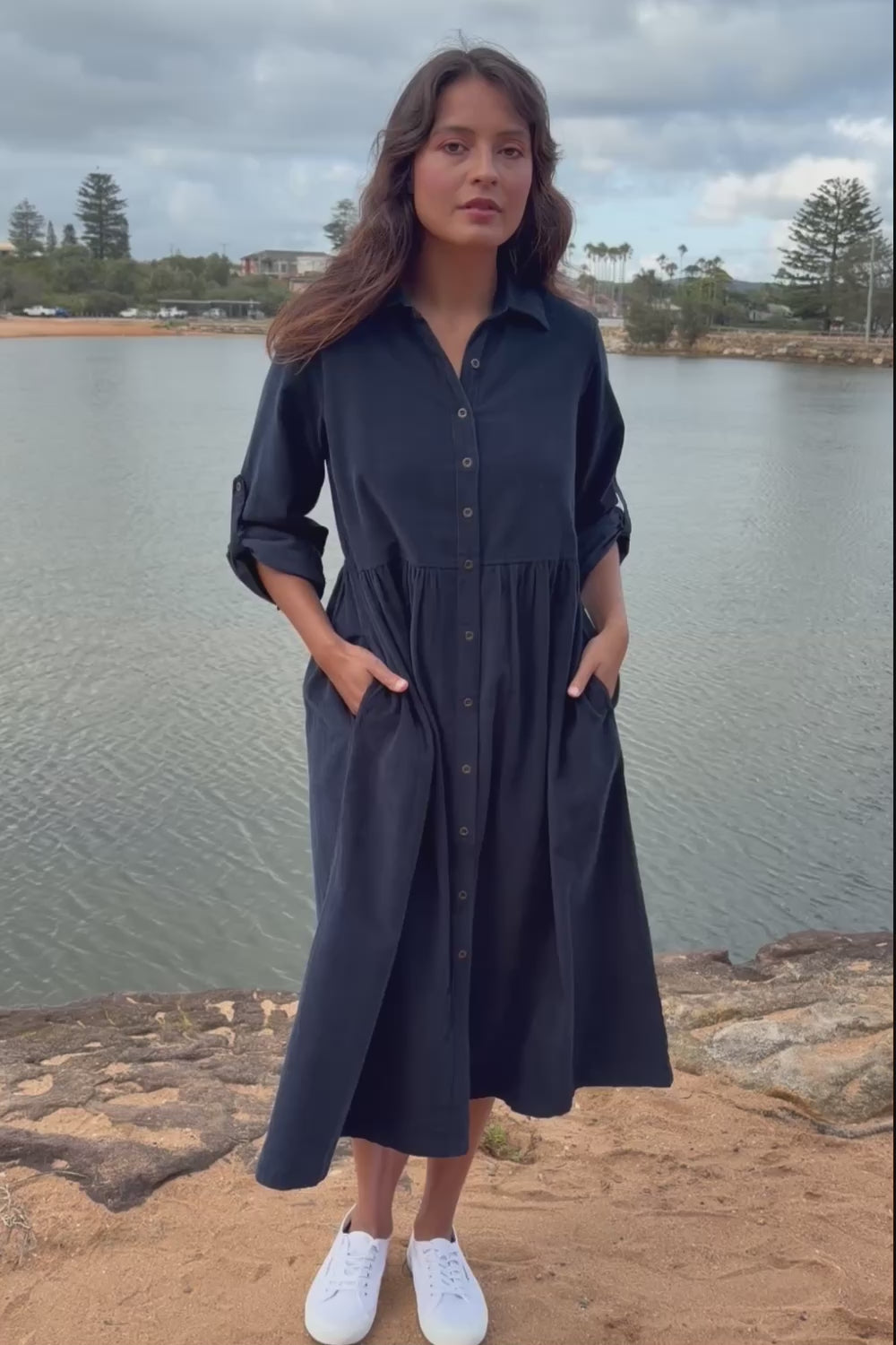 Cord Collar Buttons Dress – Navy