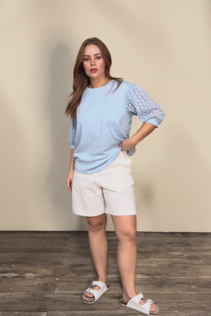 Embroided Sleeve Tee – Blue