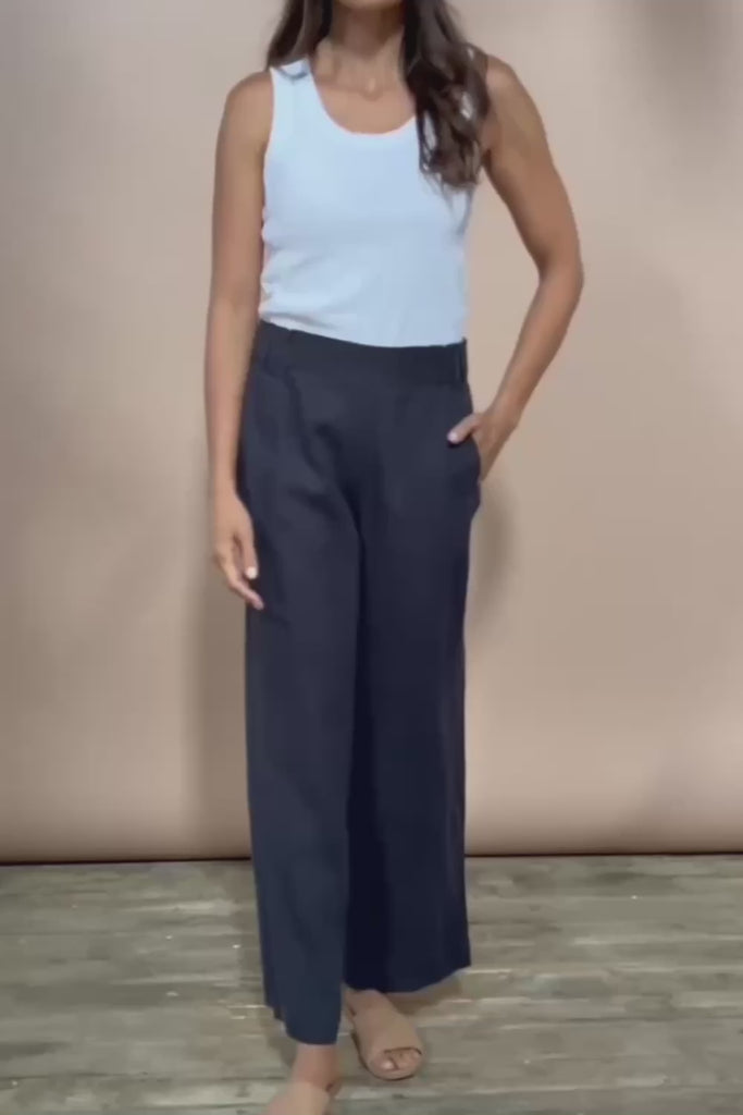 Linen Wide Leg Pant - Navy