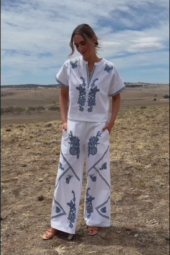 Morning Sun Embroidered Cotton Top - Whiteblue