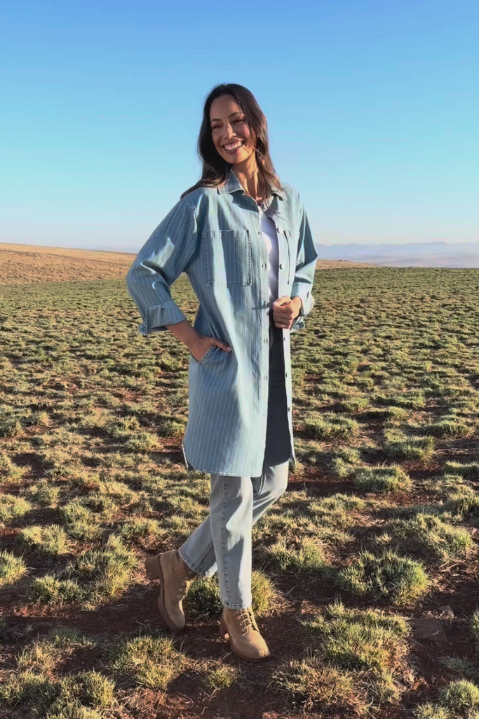 The Printed Denim Shacket Dress With Pockets - Denimstrip