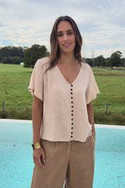 Cute As A Button Cotton Blouse - Natural