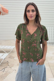 Cute As A Button Printed Cotton Blend Blouse - Greenpink