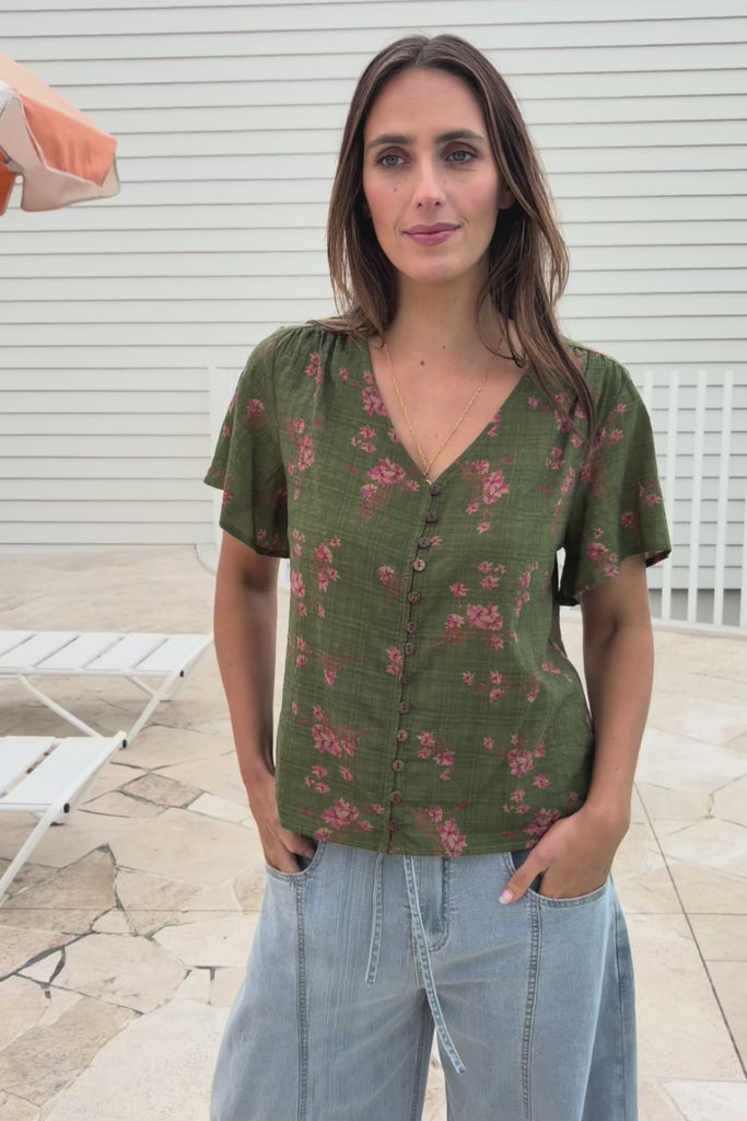 Cute As A Button Printed Cotton Blend Blouse - Greenpink
