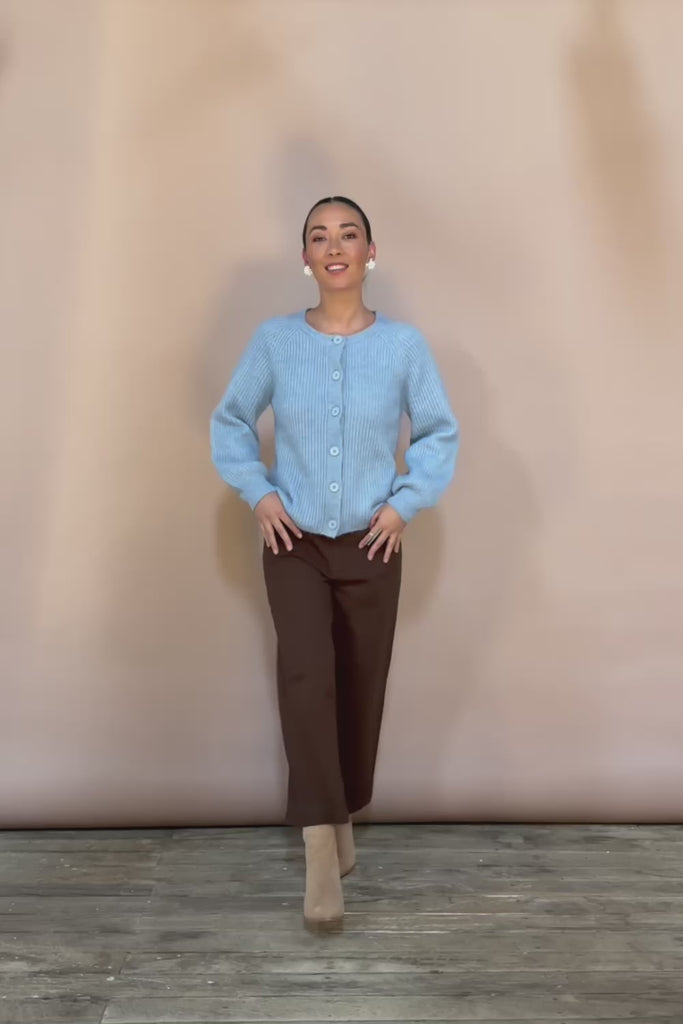 Wool Blend Ribbed Cardigan - Lightblue
