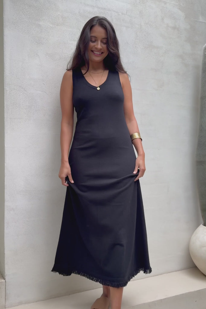Feeling Mighty Fine Fringe Hem Knit Maxi Dress - Black