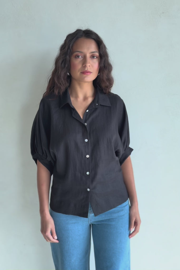 Linen Pleated Sleeve Shirt – Black