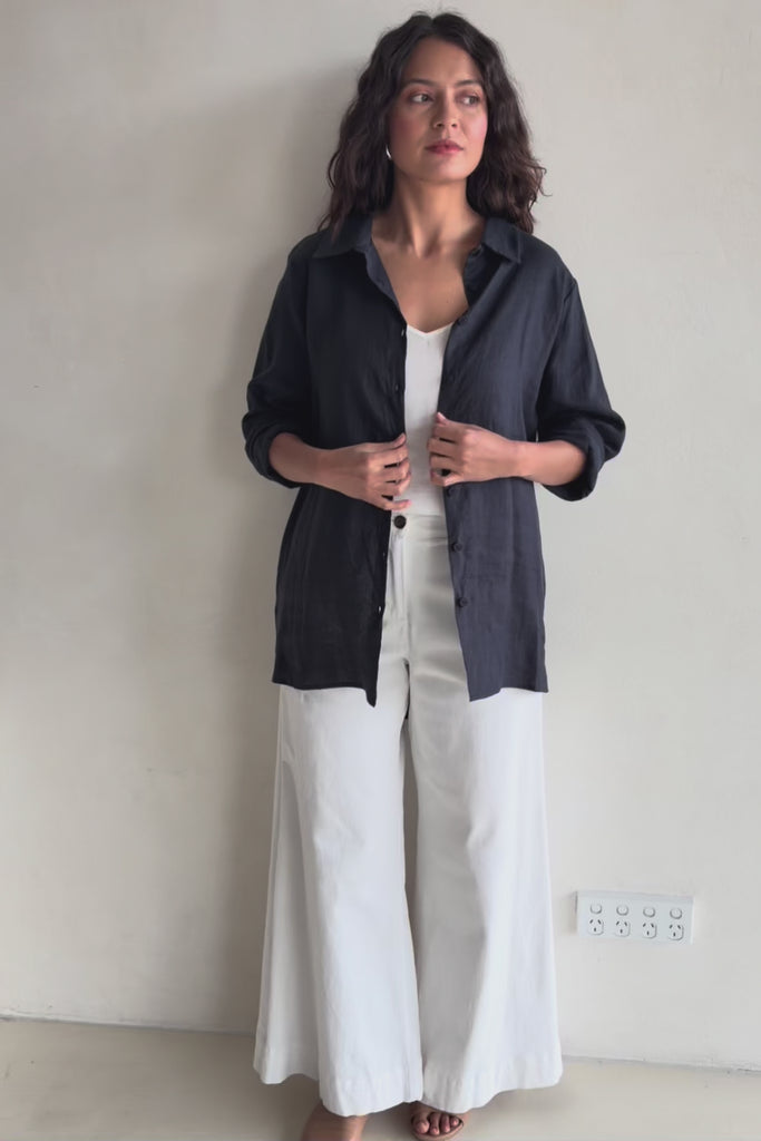 Linen Oversized Boyfriend Shirt - Navy