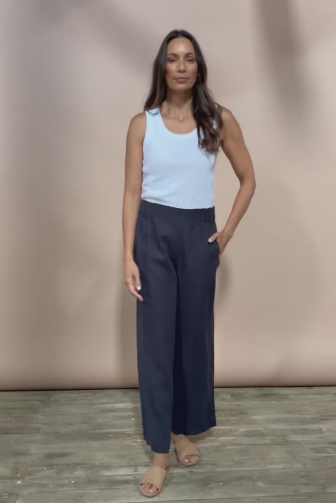 Linen Wide Leg Pant - Navy