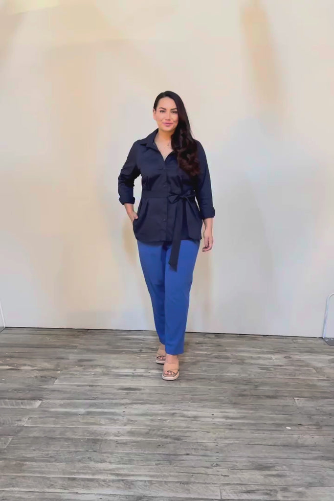 Belle Tie Waist Cotton Shirt - Navy