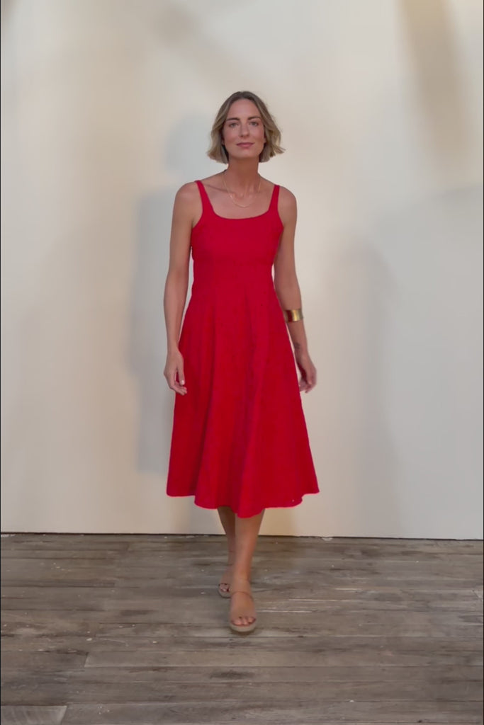 Essentials Broderie Strappy Cotton Dress - Red