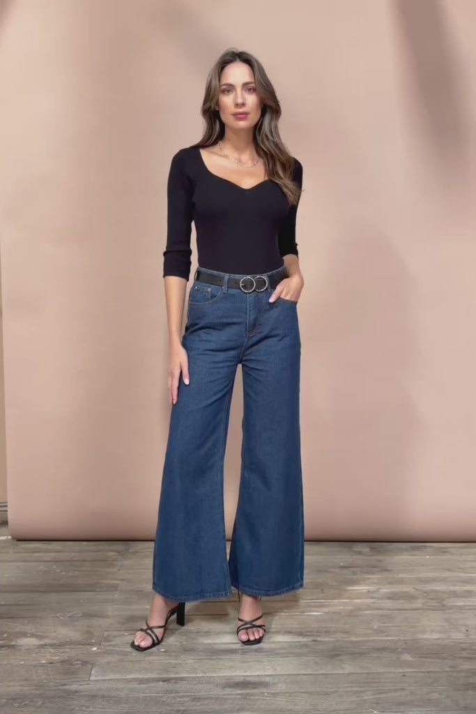 The Rib Knit Sweetheart Neck Top - Black