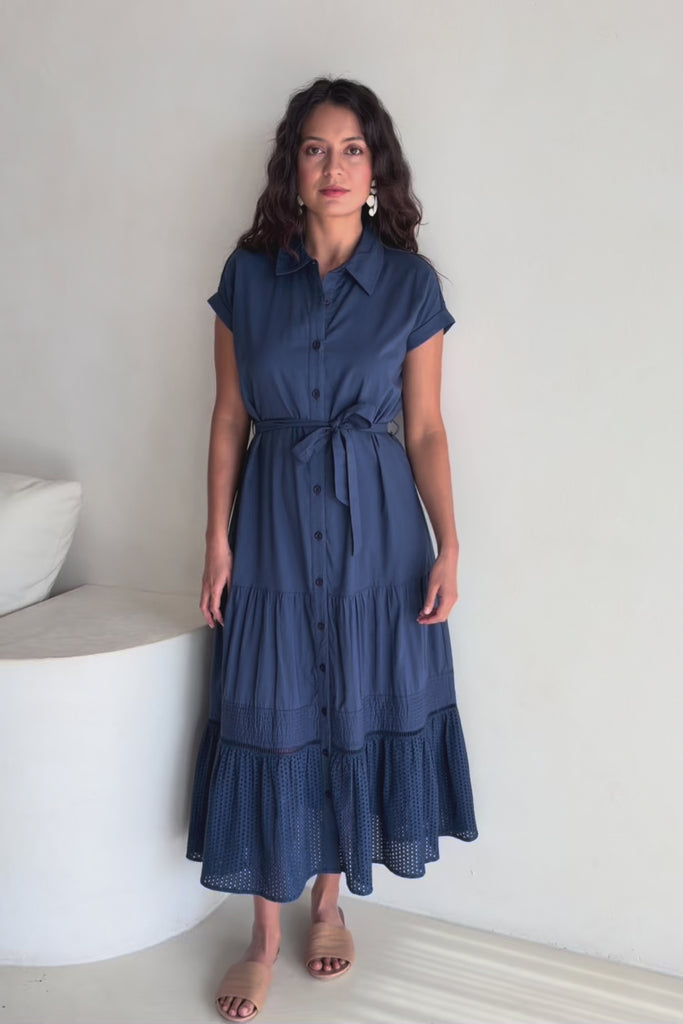 Cotton Broderie Trim Dress – Blue