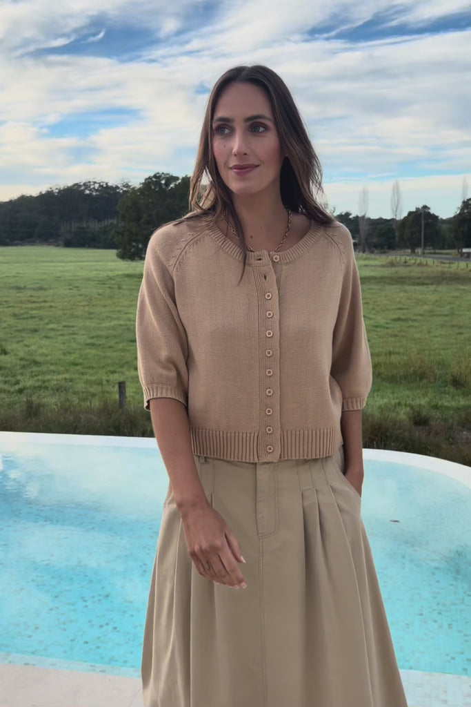 Clear Skies Balloon Sleeve Cotton Blend Cardi – Sand