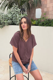 Cute As A Button Cotton Blouse – Chocolate