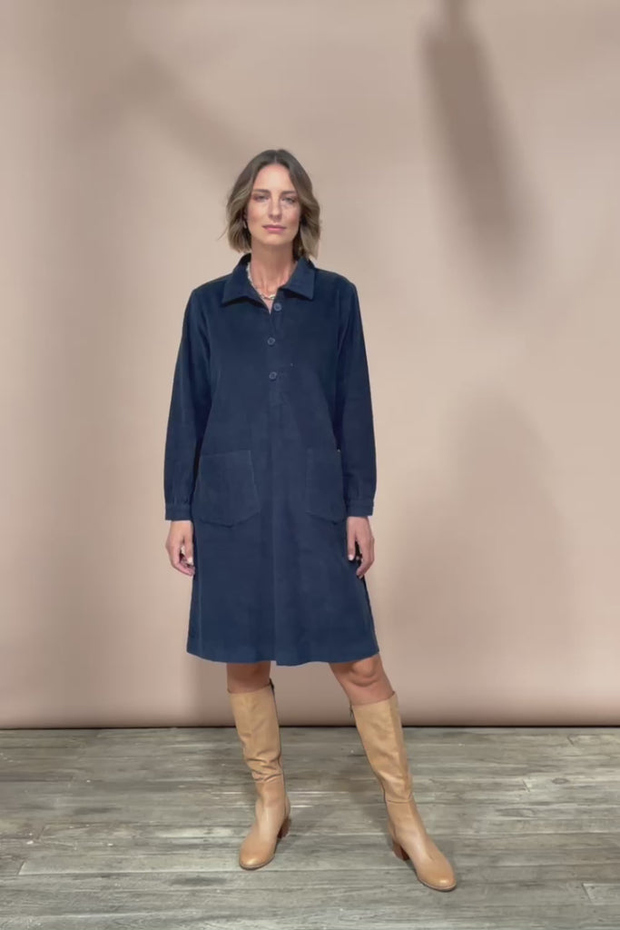 Cord Solids Pockets Dress - Navy