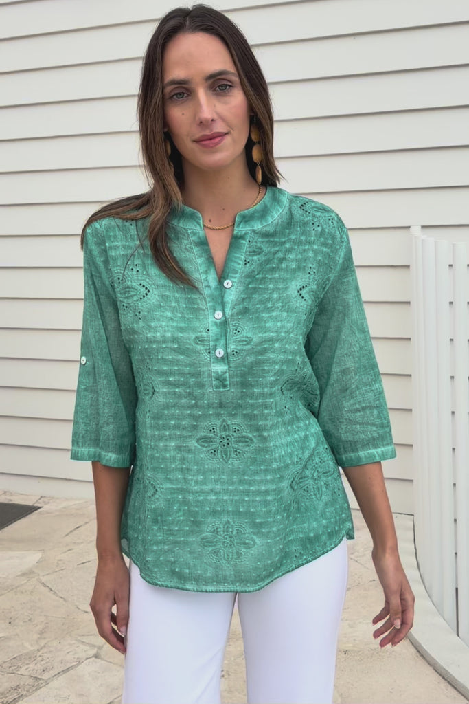 Cool Ease Embroidered Cotton Shirt – Lagoon