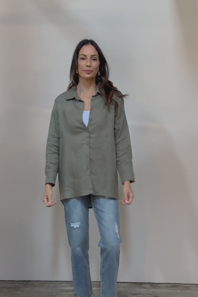 Linen Oversized Boyfriend Shirt - Olive