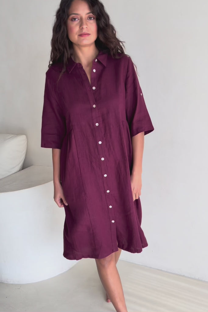 Linen Shirt Maker Dress – Plum