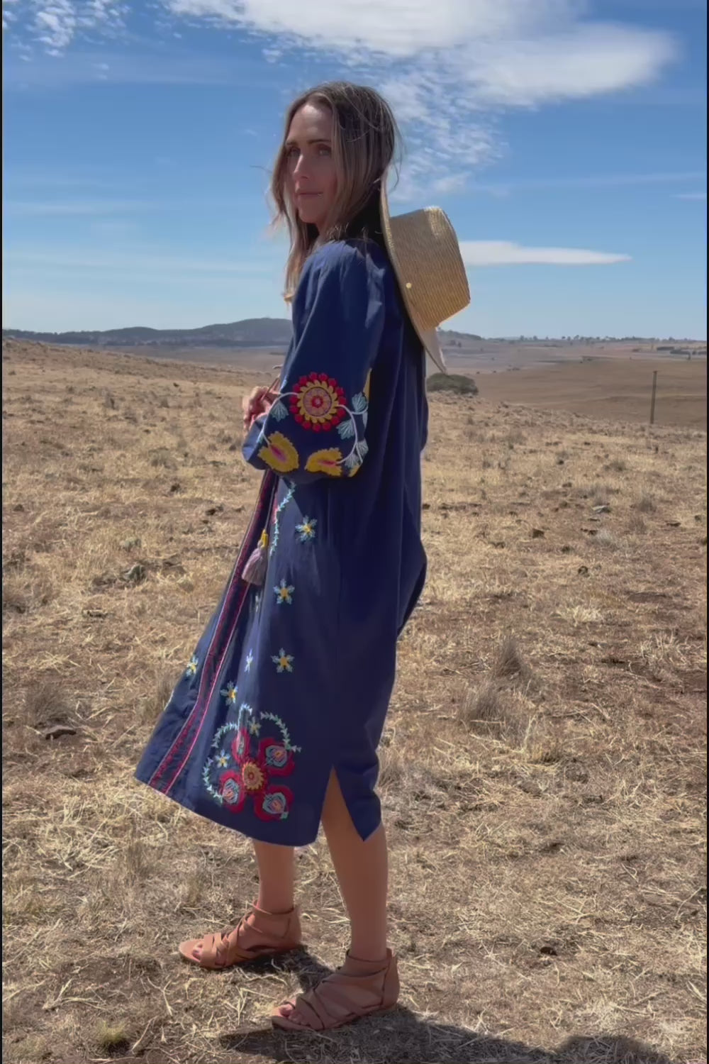 Garden Wander Embroidered Cotton Tunic Dress - Deepblue