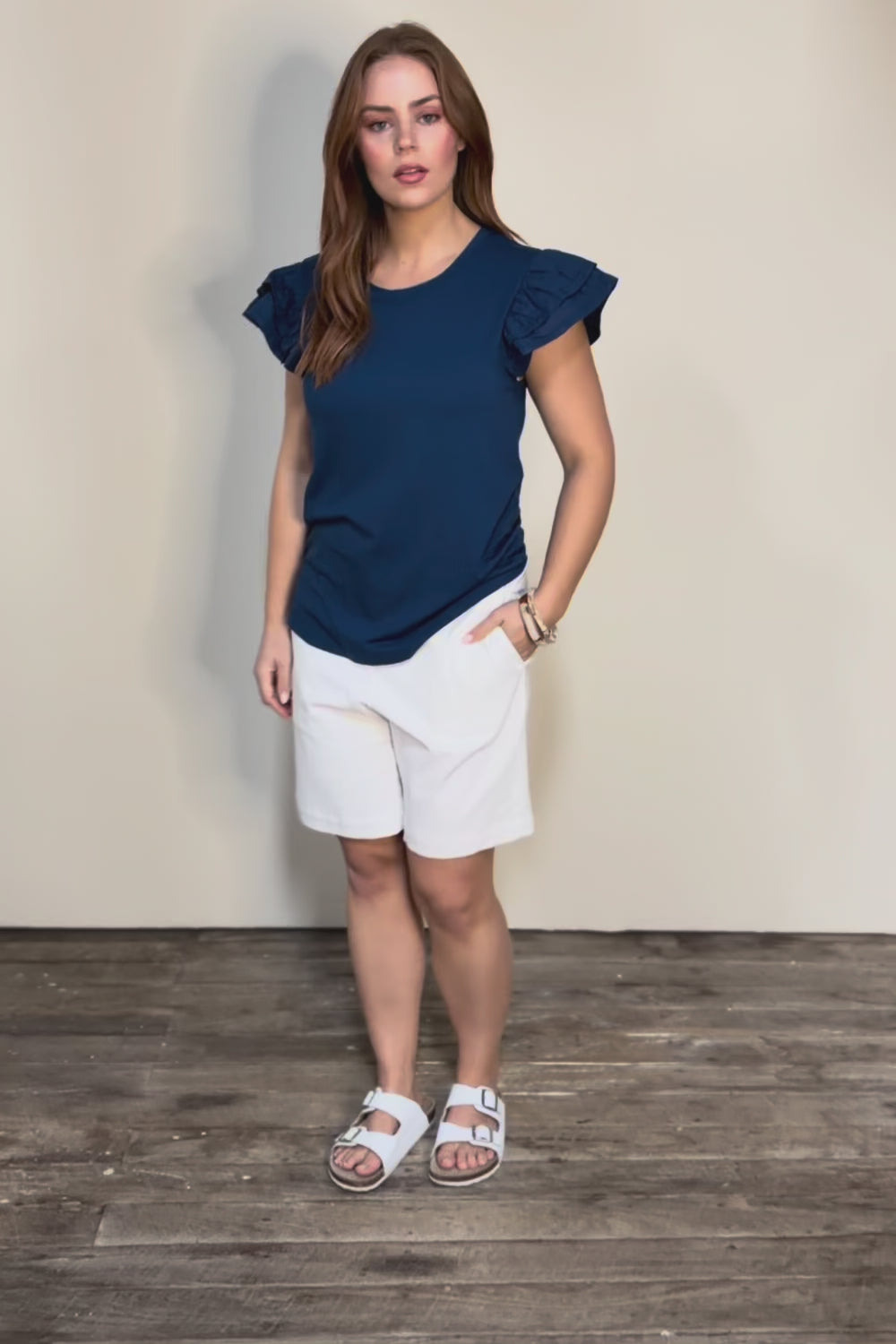 Ruffle Sleeve Top – Navy