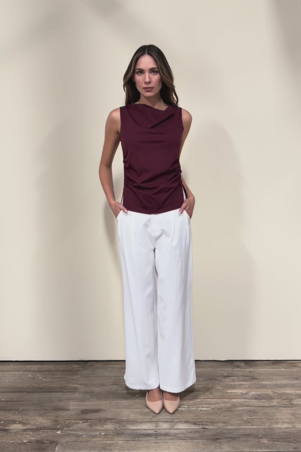The Cotton Blend Ruched Waist Top - Darkmaroon