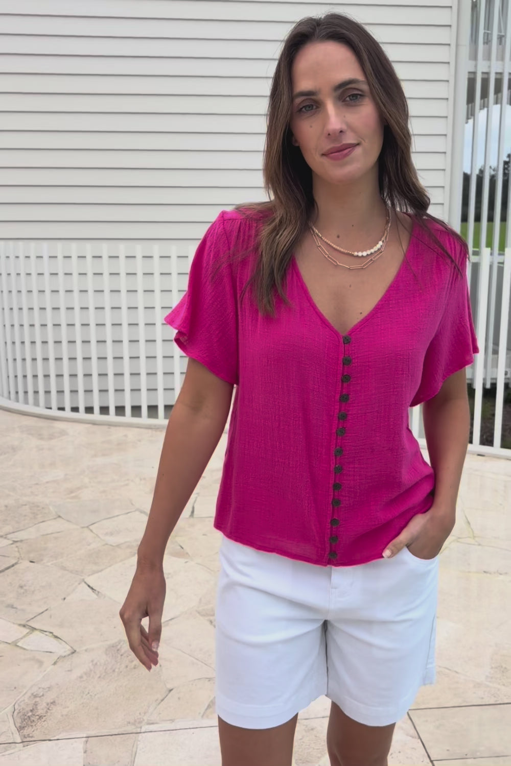 Cute As A Button Cotton Blouse - Hotpink