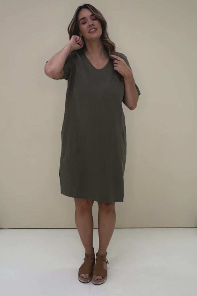 Belle Easy Wear Linen Dress With Pockets – Olive